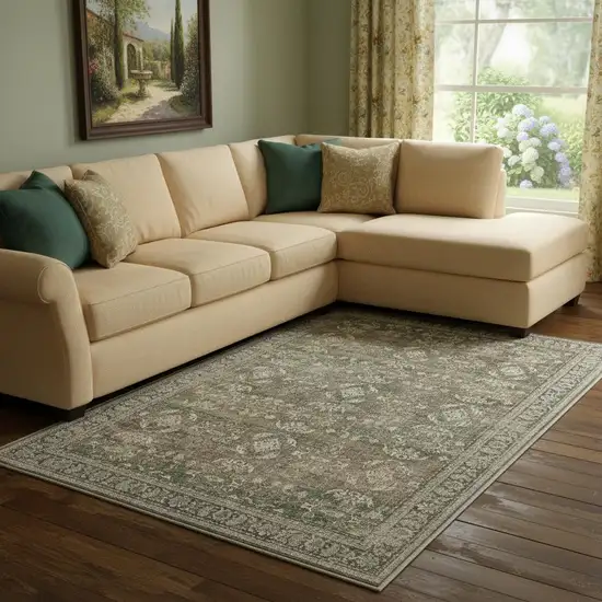 Brown Ivory And Green Floral Medallion Distressed Washable Area Rug Photo 1