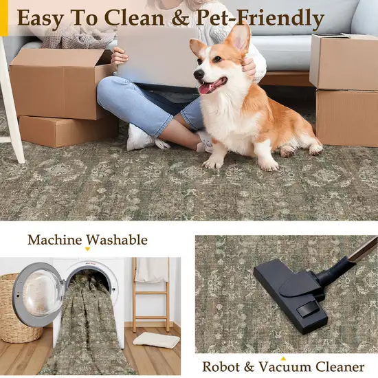 Brown Ivory And Green Floral Medallion Washable Area Rug Photo 8