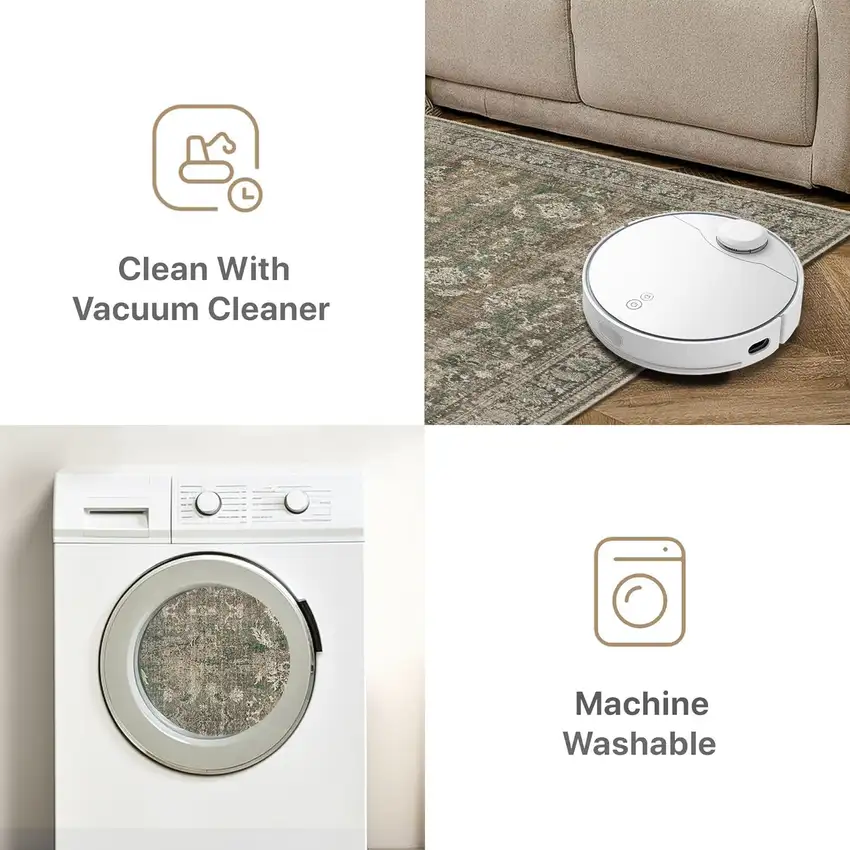 Brown Ivory And Green Floral Medallion Washable Area Rug Photo 9