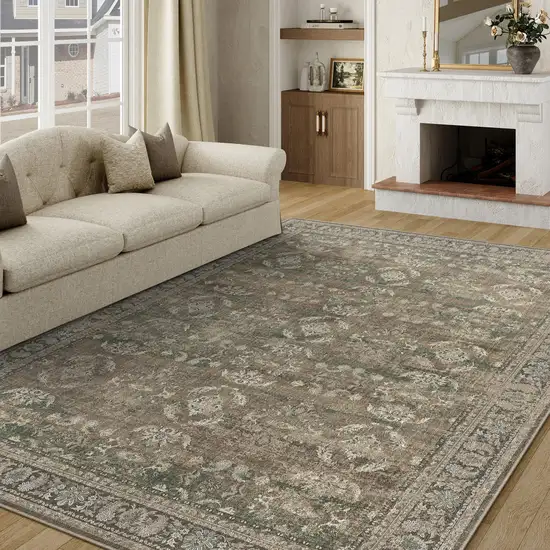 Brown Ivory And Green Floral Medallion Washable Area Rug Photo 6