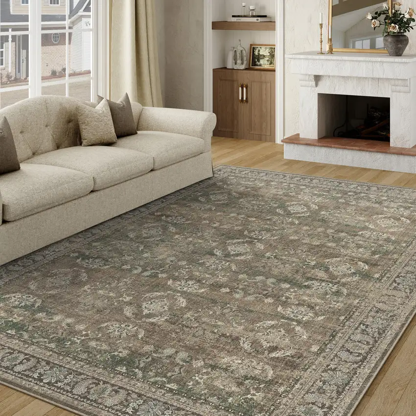 Brown Ivory And Green Floral Medallion Washable Area Rug Photo 6