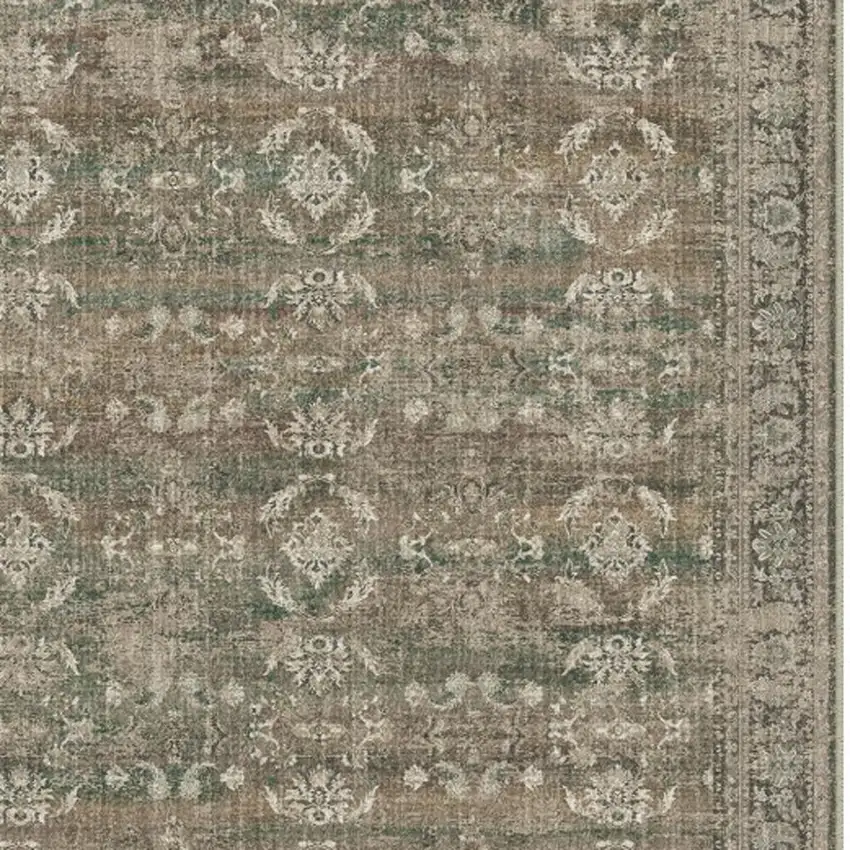 Brown Ivory And Green Floral Medallion Washable Area Rug Photo 4