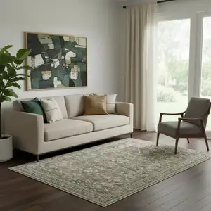 Photo of Brown Ivory And Green Floral Medallion Washable Area Rug