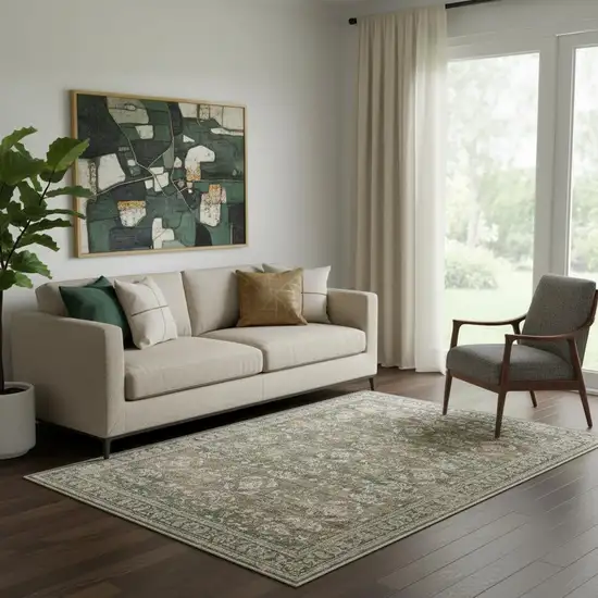 Brown Ivory And Green Floral Medallion Washable Area Rug Photo 1