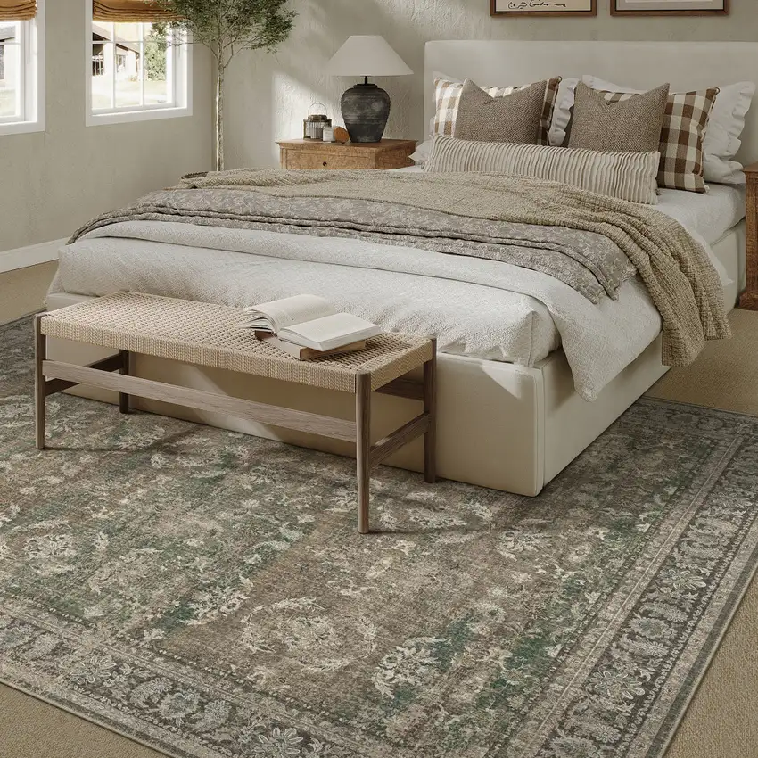 Brown Ivory And Green Floral Medallion Washable Area Rug Photo 5