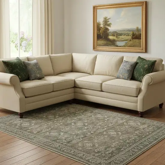 Brown Ivory And Green Floral Medallion Washable Area Rug Photo 1