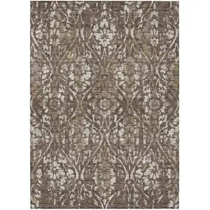 Photo of Brown Ivory And Green Floral Washable Indoor Outdoor Area Rug