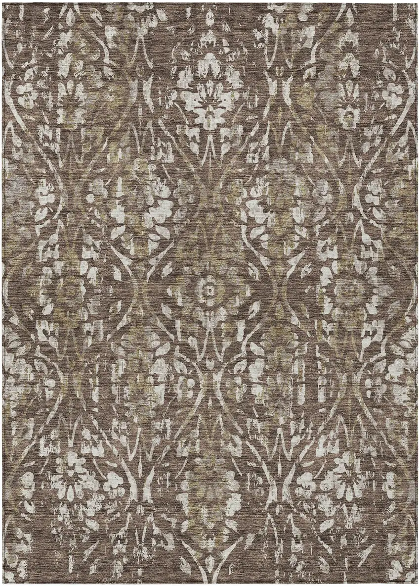 Brown Ivory And Green Floral Washable Indoor Outdoor Area Rug Photo 2