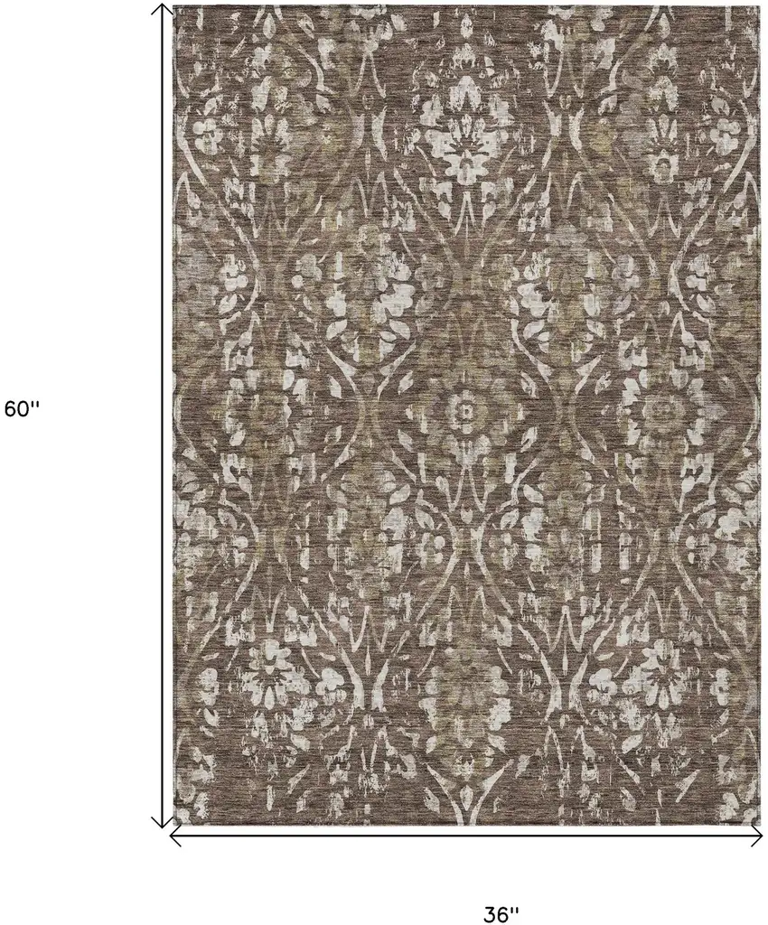Brown Ivory And Green Floral Washable Indoor Outdoor Area Rug Photo 3