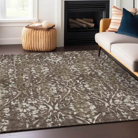 Brown Ivory And Green Floral Washable Indoor Outdoor Area Rug Photo 9