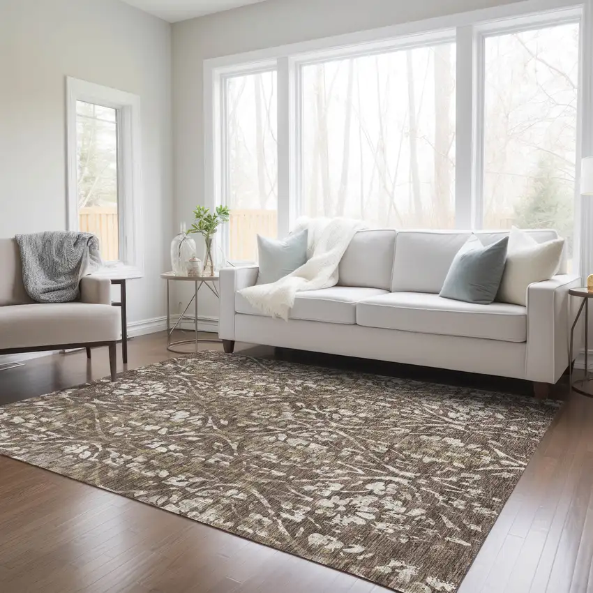 Brown Ivory And Green Floral Washable Indoor Outdoor Area Rug Photo 9