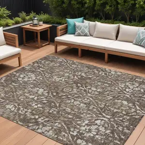 Photo of Brown Ivory And Green Floral Washable Indoor Outdoor Area Rug