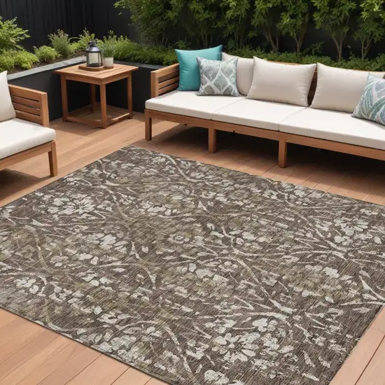 Brown Ivory And Green Floral Washable Indoor Outdoor Area Rug Photo 1