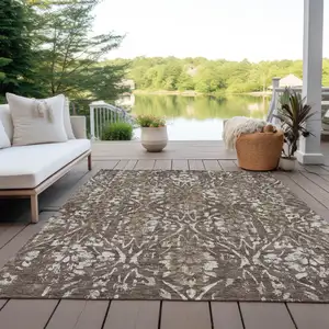 Photo of Brown Ivory And Green Floral Washable Indoor Outdoor Area Rug