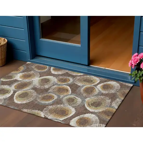 Brown Ivory And Green Geometric Washable Indoor Outdoor Area Rug Photo 1