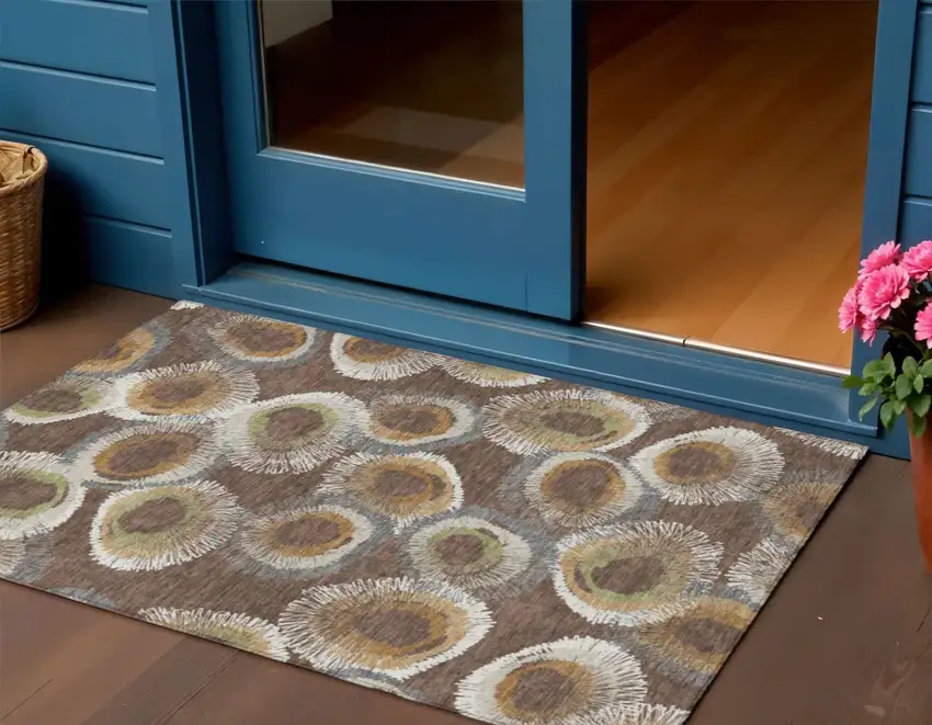 Brown Ivory And Green Geometric Washable Indoor Outdoor Area Rug Photo 1