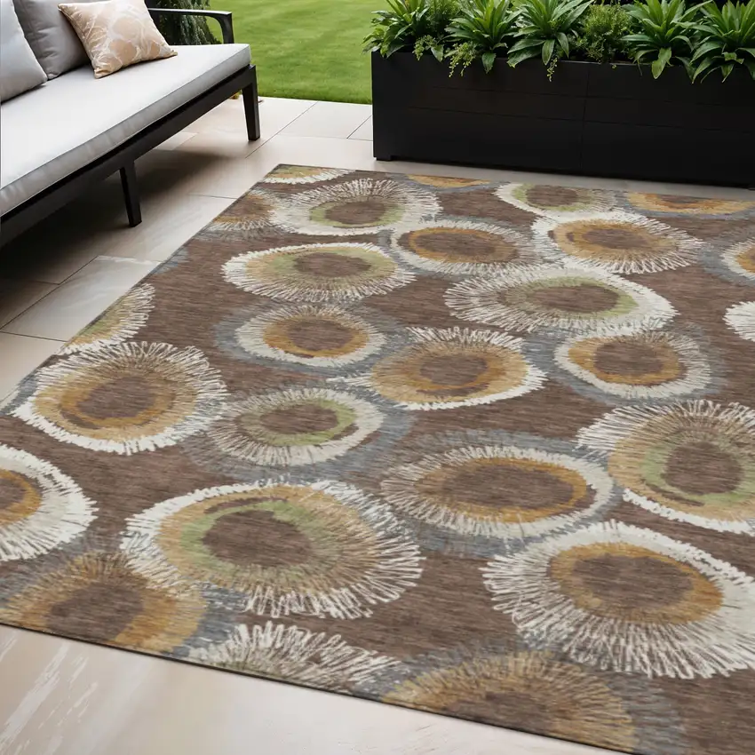 Brown Ivory And Green Geometric Washable Indoor Outdoor Area Rug Photo 1