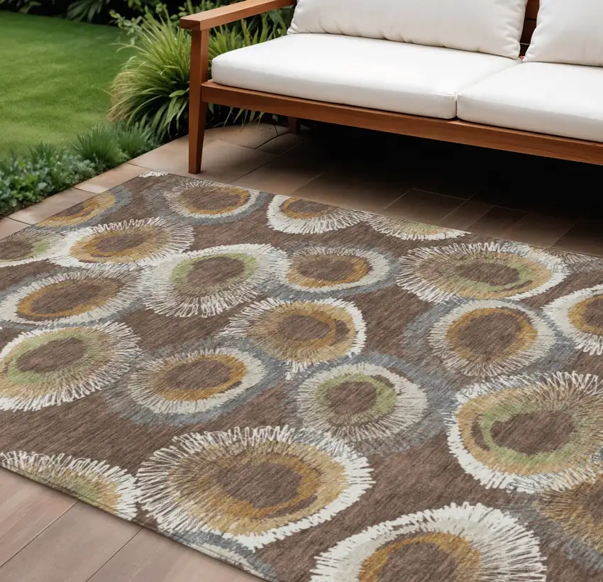 Brown Ivory And Green Geometric Washable Indoor Outdoor Area Rug Photo 1