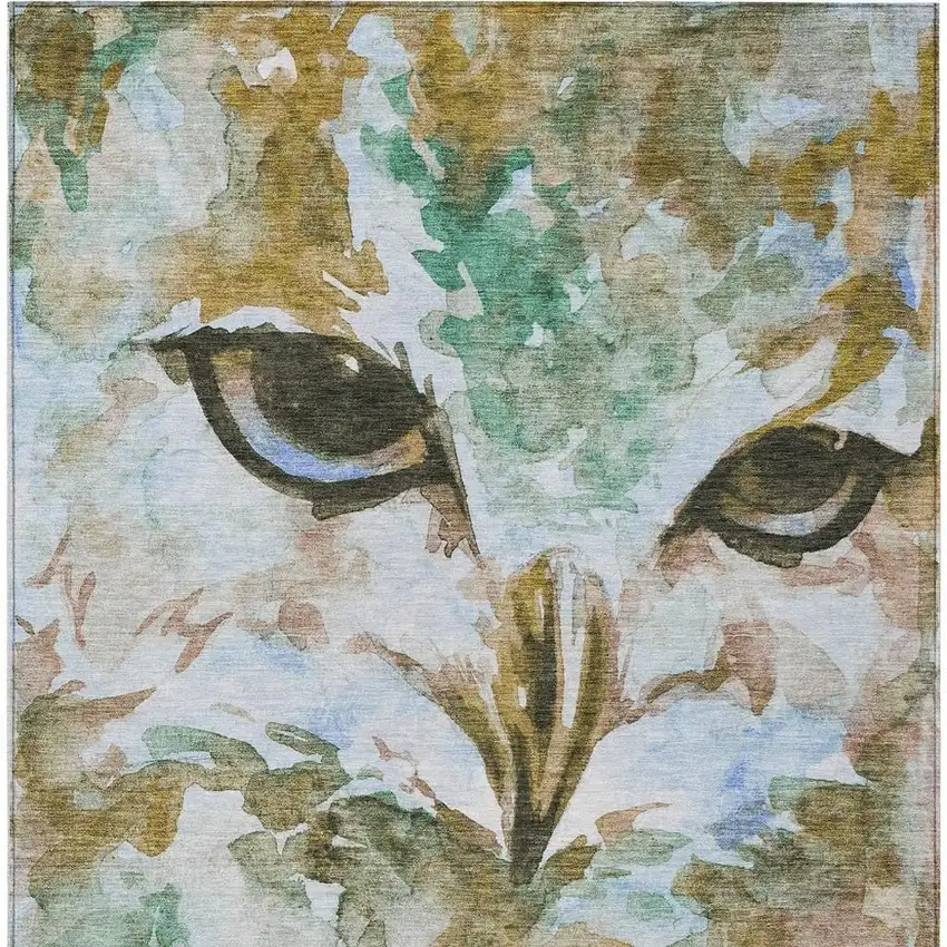 Brown Ivory And Green Owl Washable Indoor Outdoor Area Rug Photo 4