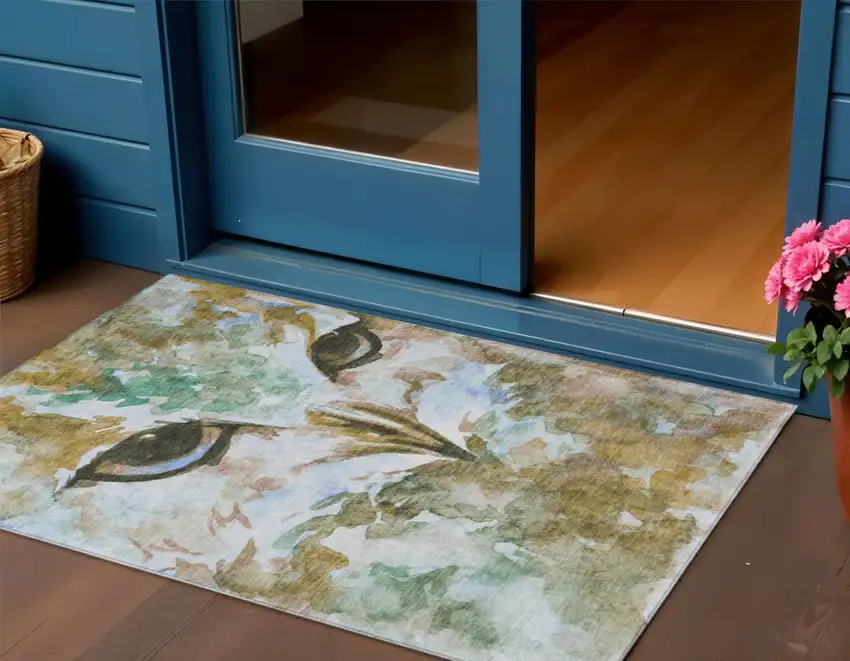 Brown Ivory And Green Owl Washable Indoor Outdoor Area Rug Photo 1