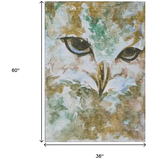 Brown Ivory And Green Owl Washable Indoor Outdoor Area Rug Photo 3