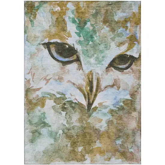 Brown Ivory And Green Owl Washable Indoor Outdoor Area Rug Photo 2