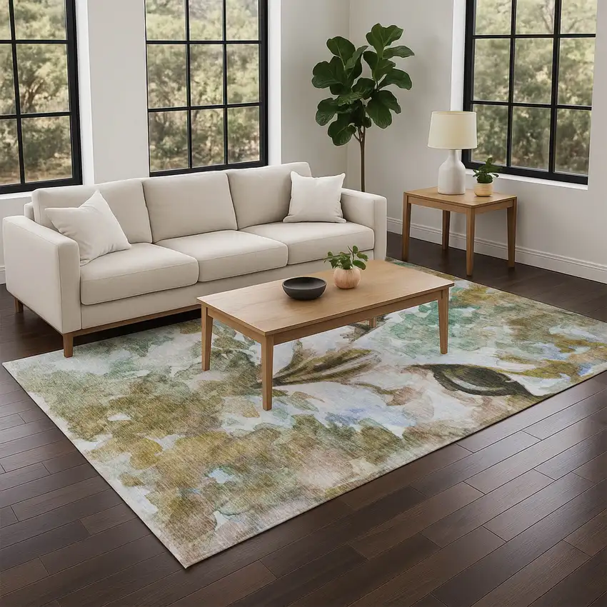 Brown Ivory And Green Owl Washable Indoor Outdoor Area Rug Photo 9