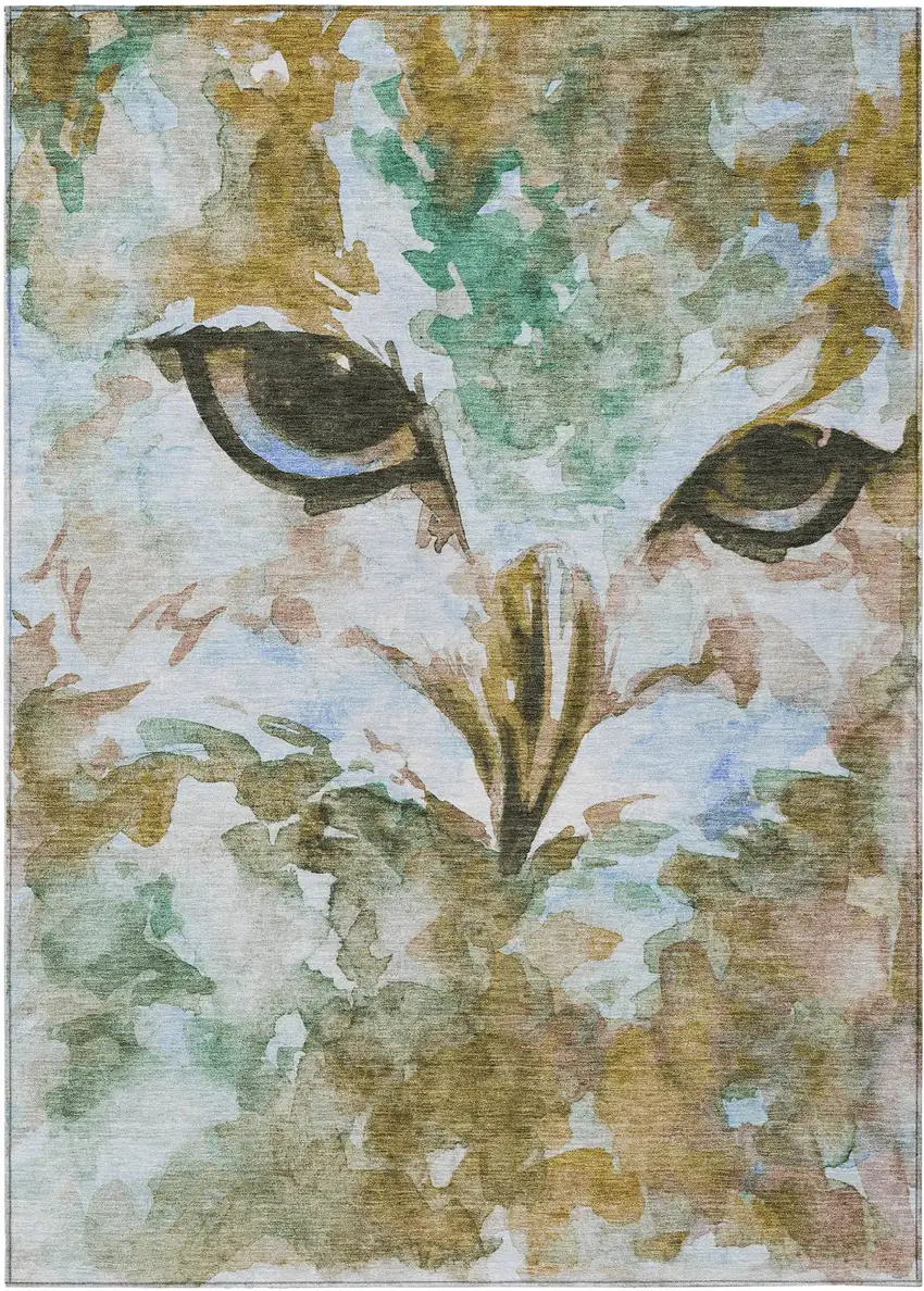 Brown Ivory And Green Owl Washable Indoor Outdoor Area Rug Photo 2
