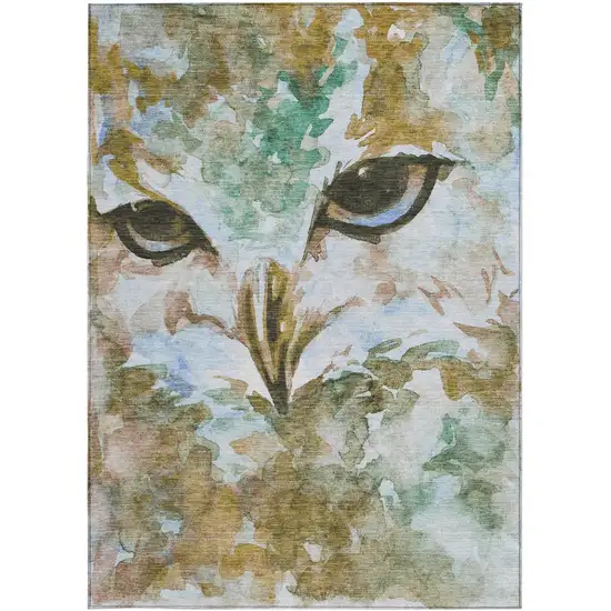 Brown Ivory And Green Owl Washable Indoor Outdoor Area Rug Photo 5