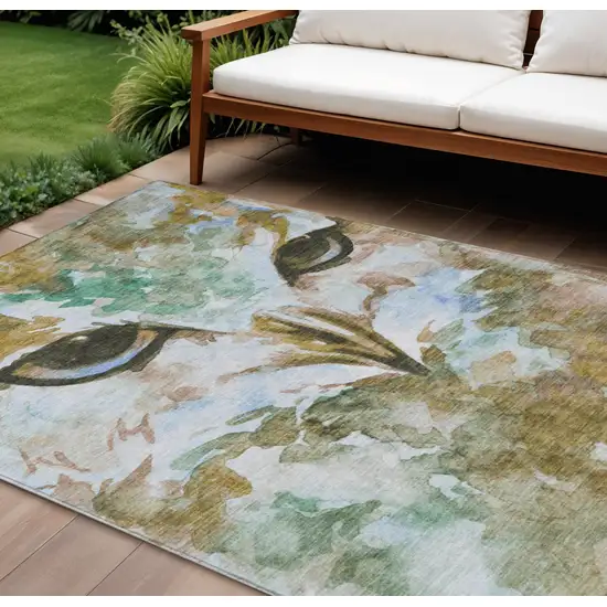 Brown Ivory And Green Owl Washable Indoor Outdoor Area Rug Photo 1