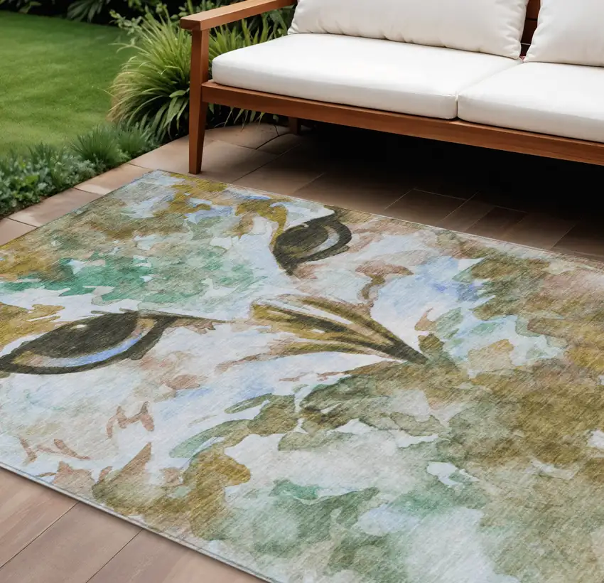 Brown Ivory And Green Owl Washable Indoor Outdoor Area Rug Photo 1