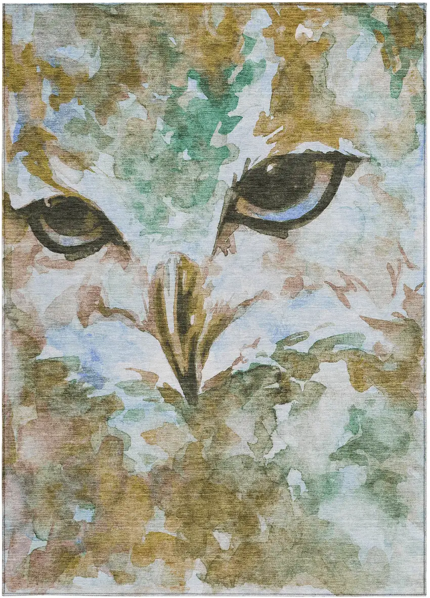 Brown Ivory And Green Owl Washable Indoor Outdoor Area Rug Photo 5