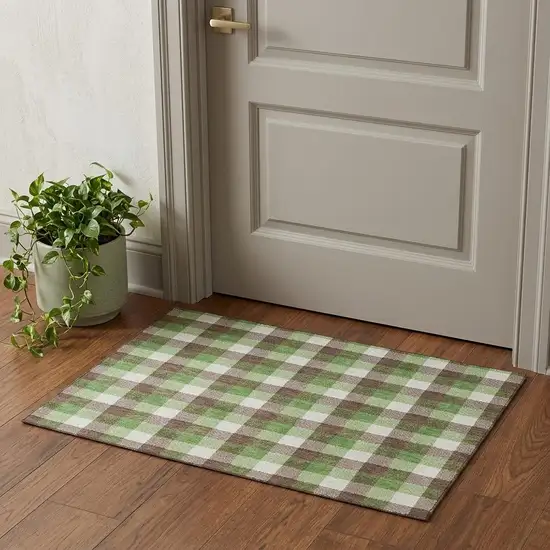 Brown Ivory And Green Plaid Washable Area Rug With UV Protection Photo 1