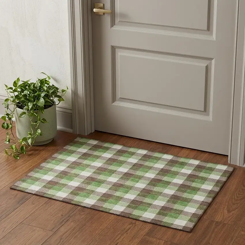 Brown Ivory And Green Plaid Washable Area Rug With UV Protection Photo 1