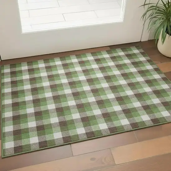Brown Ivory And Green Plaid Washable Area Rug With UV Protection Photo 2