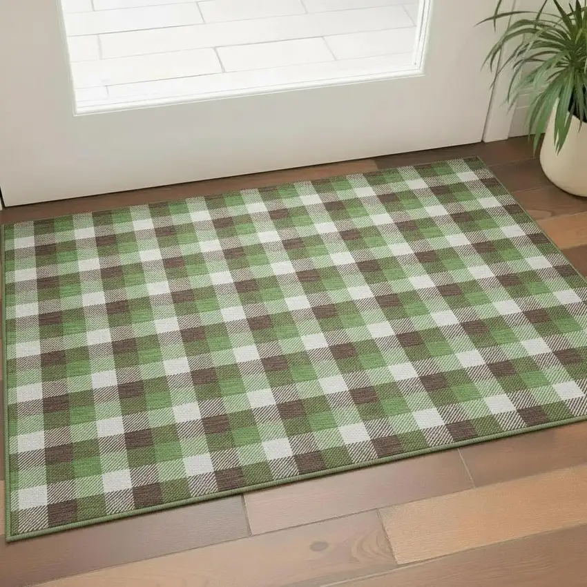 Brown Ivory And Green Plaid Washable Area Rug With UV Protection Photo 2