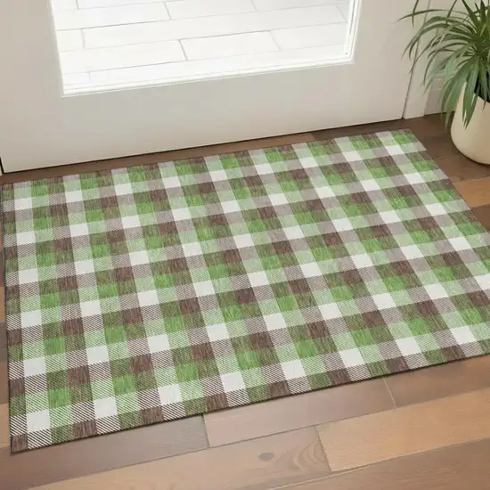 Brown Ivory And Green Plaid Washable Area Rug With UV Protection Photo 1