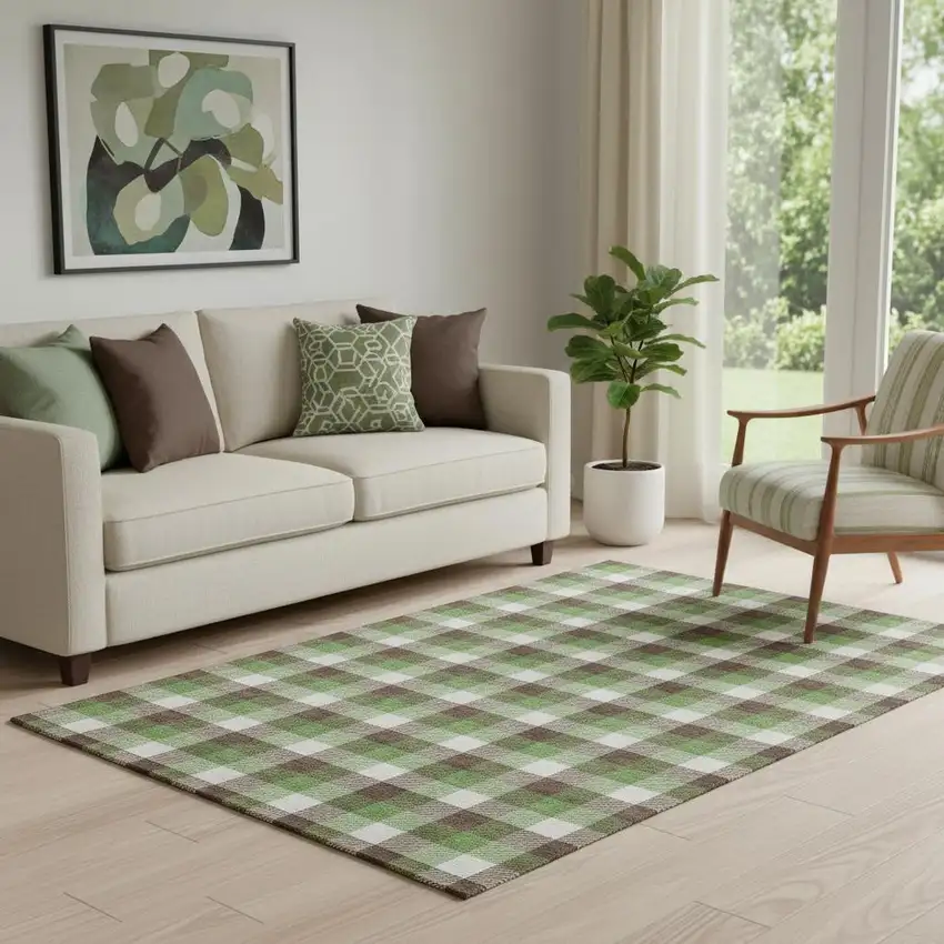 Brown Ivory And Green Plaid Washable Area Rug With UV Protection Photo 2