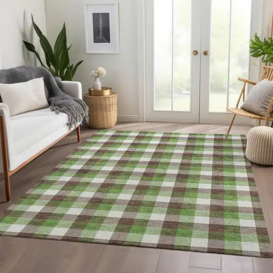 Brown Ivory And Green Plaid Washable Area Rug With UV Protection Photo 4