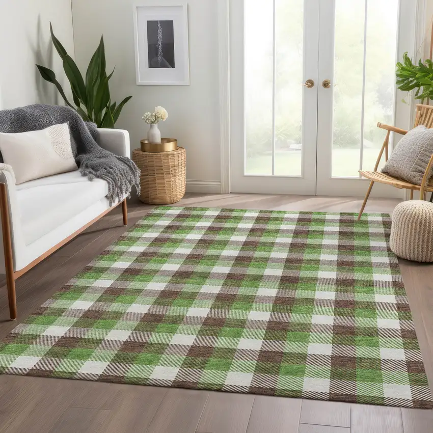 Brown Ivory And Green Plaid Washable Area Rug With UV Protection Photo 4