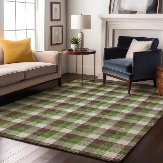 Brown Ivory And Green Plaid Washable Area Rug With UV Protection Photo 3