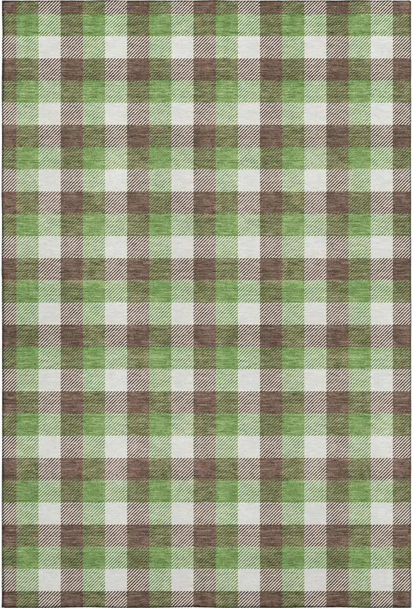 Brown Ivory And Green Plaid Washable Area Rug With UV Protection Photo 1