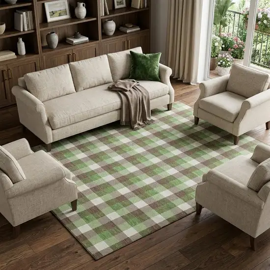 Brown Ivory And Green Plaid Washable Area Rug With UV Protection Photo 1