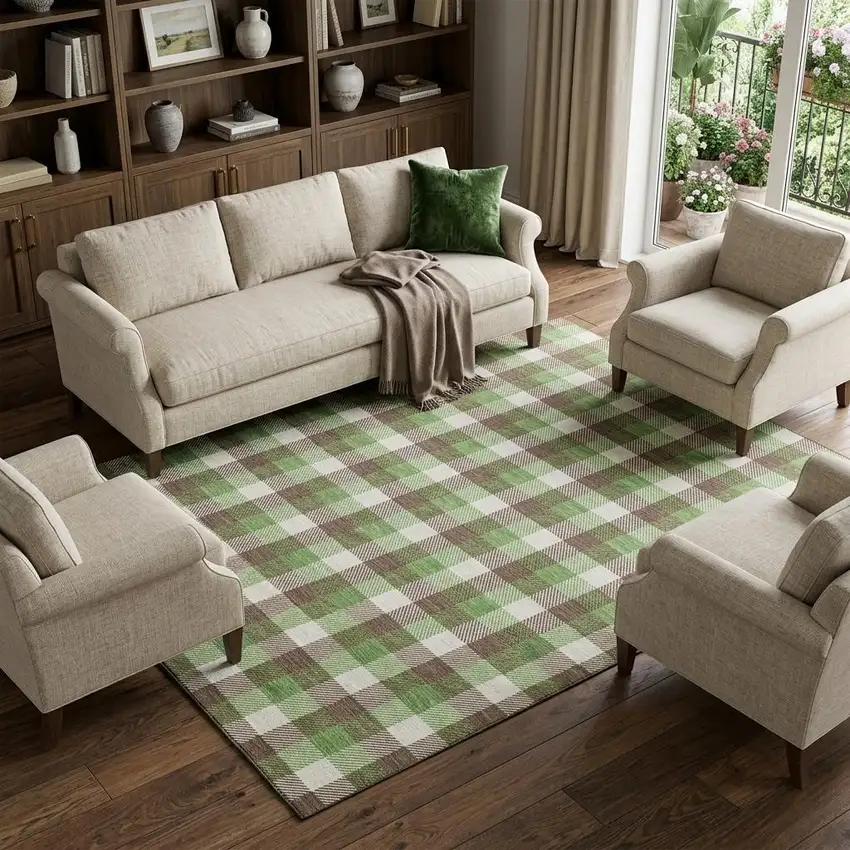 Brown Ivory And Green Plaid Washable Area Rug With UV Protection Photo 1