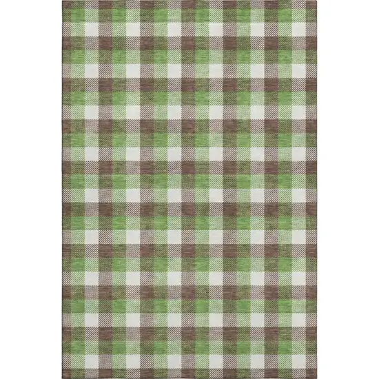 Brown Ivory And Green Plaid Washable Area Rug With UV Protection Photo 1