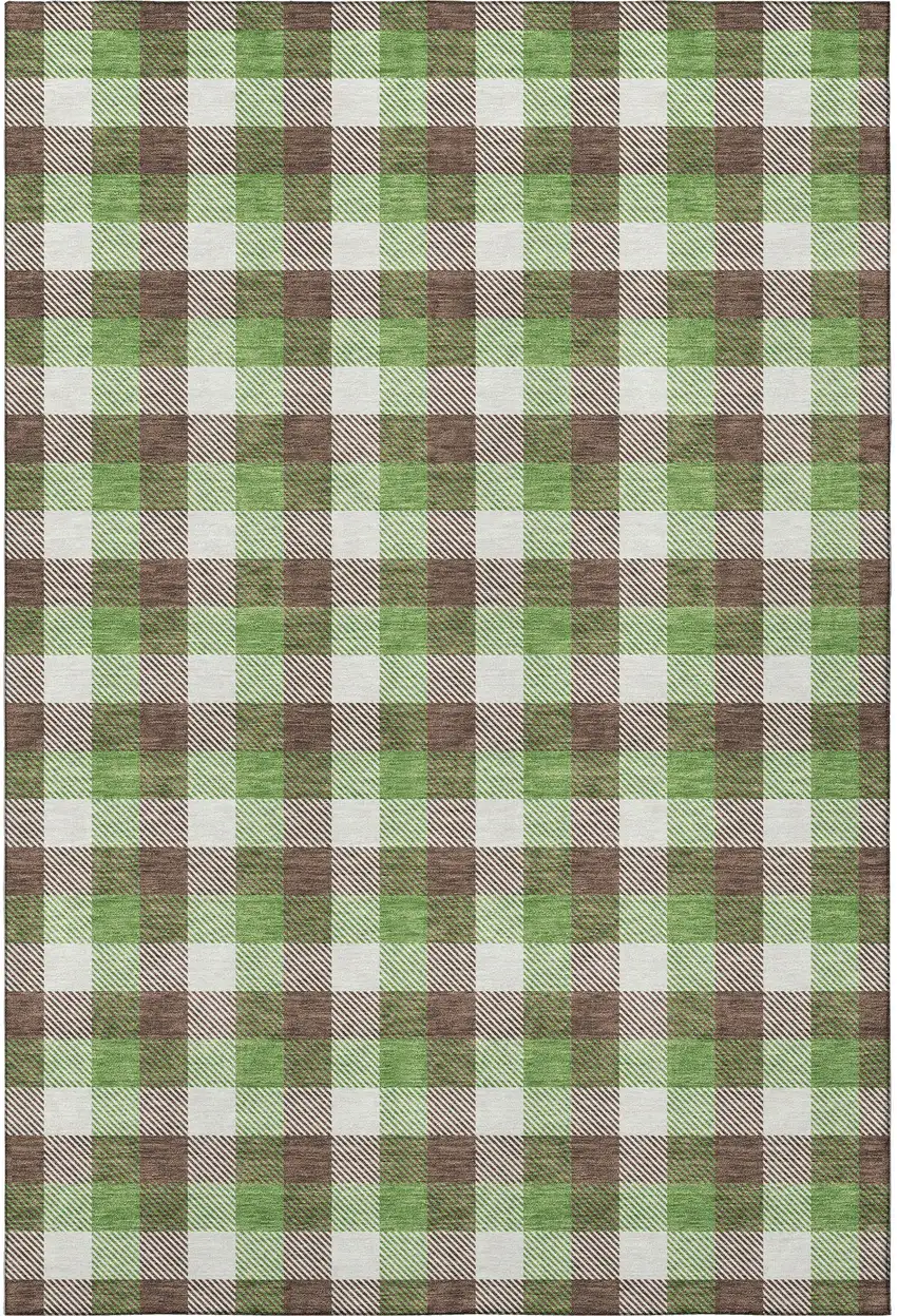 Brown Ivory And Green Plaid Washable Area Rug With UV Protection Photo 3