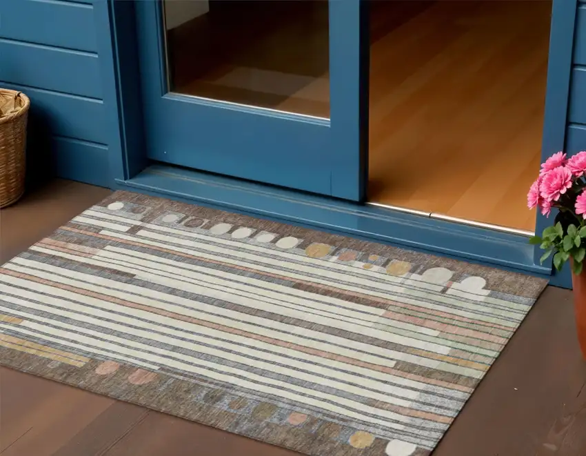 Brown Ivory And Peach Geometric Washable Indoor Outdoor Area Rug Photo 2