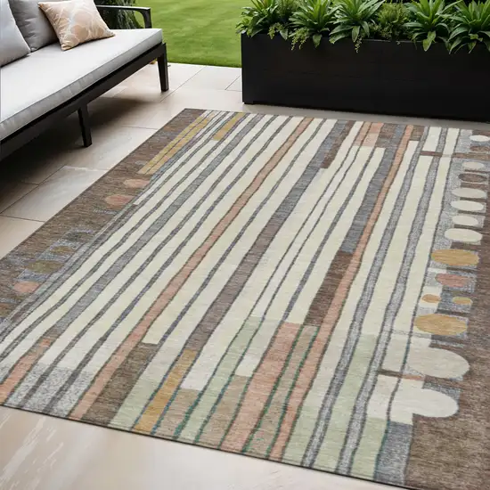Brown Ivory And Peach Geometric Washable Indoor Outdoor Area Rug Photo 2