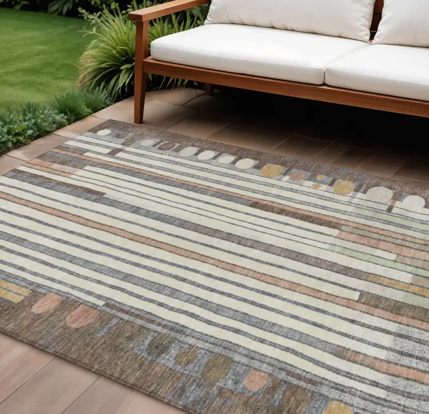 Brown Ivory And Peach Geometric Washable Indoor Outdoor Area Rug Photo 2