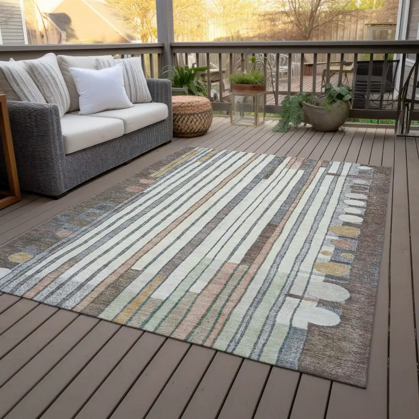 Brown Ivory And Peach Geometric Washable Indoor Outdoor Area Rug Photo 8